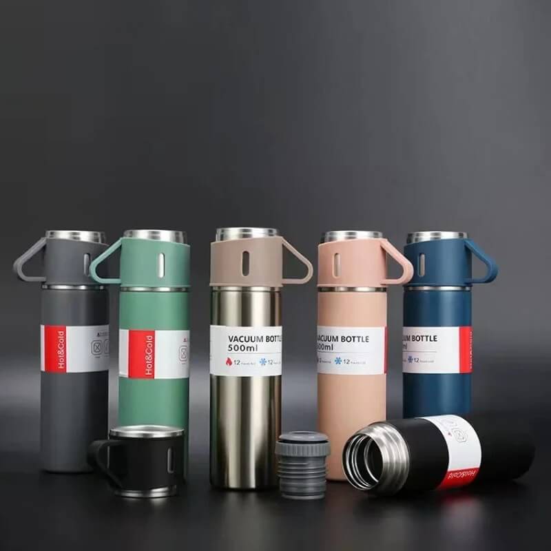 Vacuum Flask Set for Hot and Cold || Stainless Steel  || Insulated Flask with 3 Steel Cups (Assorted Colors)